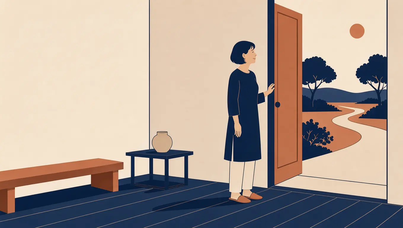 Persona osserva l'esterno da una porta aperta, simbolo dell'uscire dalla propria zona di comfort.